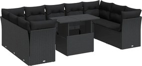 vidaXL 10 részes fekete polyrattan kerti ülőgarnitúra párnákkal