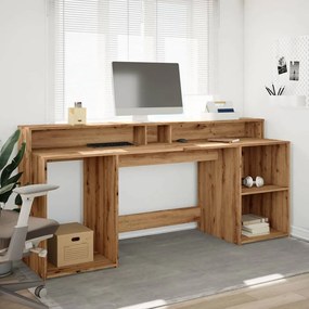 kézműves tölgy színű szerelt fa LED-es íróasztal 200x55x91 cm