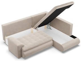 Tokio sarokkanapé, L alakú háttámlával, 2 ágyneműtartóval, bársony, jobboldali, bézs