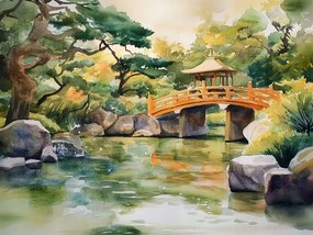 Vászonkép Canvas Tájkép Park Kert Japán Híd Ázsia Akvarell 80x60