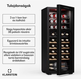 Klarstein Bovella 36 Duo+ borhűtő, 2 az 1-ben, 36 palack, 2 zóna, 7 polc, Érintéses vezérlés