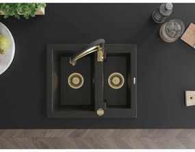 Mexen Carlos, 1,5 kamrás gránit mosogató 582x475x177 mm és Aster mosogató csaptelep, fekete-arany metál, 6518-75-73450-57-G