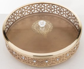 Elegáns magasfényű sárgaarany színű kerek fém üveg fedeles ékszertartó ládika 9x25,5x25,5cm