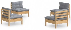 4 részes fenyőfa kerti ülőgarnitúra szürke párnákkal
