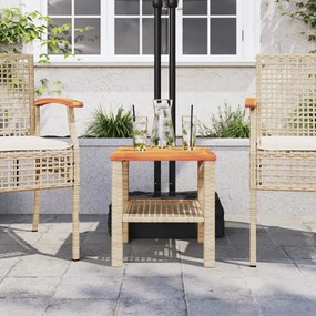 bézs polyrattan és akácfa kerti asztal 40 x 40 x 42 cm