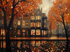 Vászonkép Canvas Város Utca Bérházak Ősz Levelek Eső 80x60