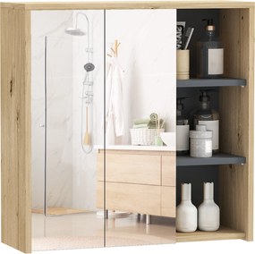 HOMCOM Fürdőszobai Szekrény Tükörrel Fali Fürdőszobai Tükörszekrény Polcokkal Modern Stílus 60x20x60 cm Természetes Fa | Aosom