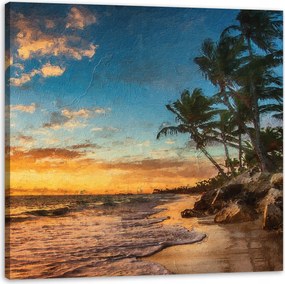 Vászonkép Tengerpart naplemente pálmafák égbolt 90X90 cm