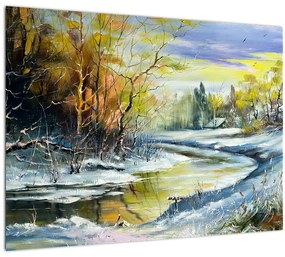 Egy téli folyó képe, olajfestmény (üvegen) (70x50 cm)