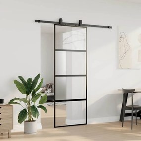 Fekete edzett üveg tolóajtó fémszerelék szettel 76x205 cm