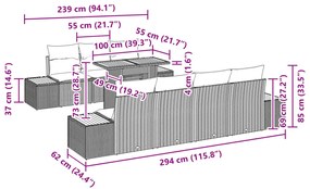 8 darabos kerti étkező szett párnákkal Fekete poli rattan akácia