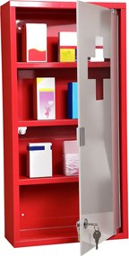 HOMCOM Gyógyszerszekrény - Orvosi Szekrény 3 Szinttel - Elsősegély Szekrény Zárral - Gyógyszertári Szekrény Homályos Üvegajtóval - Acél Piros 27cm x 5
