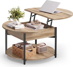 VASAGLE kerek emelhető dohányzóasztal rejtett rekeszzzel, 80 cm, teveszürke-fekete