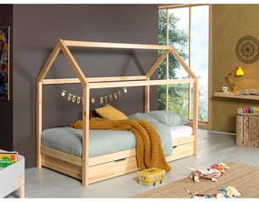 Natúr színű házikó alakú borovi fenyő gyerekágy kihúzható pótággyal, tárolóhellyel 90x200 cm DALLAS – Vipack