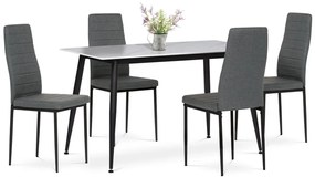 Set de dining 1+4, masă 130x70, blat din piatră sinterizată cu imitație de marmură alb mat, scaune tapițate cu material textil gri, finisaj negru lăcuit.