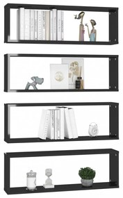 4 db magasfényű fekete forgácslap fali kockapolc 80x15x26,5 cm