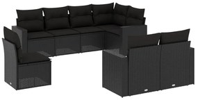8 részes fekete polyrattan kerti ülőgarnitúra párnákkal