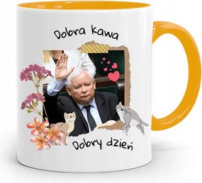 Sárga Vicces Bögre Jaroslaw Kaczynski felirattal, fényképpel