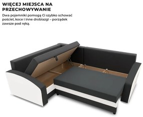 Grande sarokkanapé polcokkal , polc a jobb karfaban, baloldali, szövet anyag, hab töltet, szürke - fehér