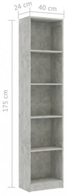 5-szintes betonszürke szerelt fa könyvszekrény 40 x 24 x 175 cm