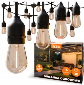 Kerti fényfüzér 15M 30X Led izzó E27 Lánc Vízálló