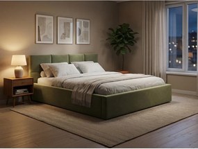 Sötétzöld bársony kárpitozott ágyneműtartós franciaágy ágyráccsal 140x200 cm Hiko – Makamii