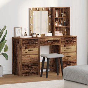 3 Részes Piperasztal Szett LED-fényben Régi Fa Felületen