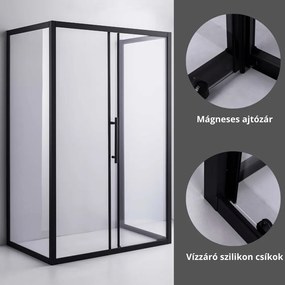 Stuxi Nizza Black 140x100 falsíkra szerelhető 3 oldalú tolóajtós zuhanykabin 6 mm vízlepergető biztonsági üveggel, fekete elemekkel, 200 cm magas