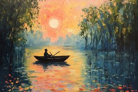 Vászonkép Canvas Tájkép Tó Víz Csónak Napnyugta 120x80