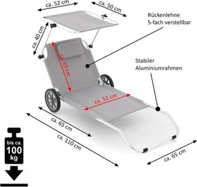 DIVERO Összecsukható napozóágy napellenzővel kerekes szürke