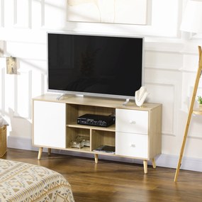 HOMCOM TV állvány max. 45 hüvelykes TV-hez, tömör fa lábakkal, skandináv stílus, 3 polccal, 1 ajtós szekrénnyel és 2 fiókkal, 120 x 30 x 60 cm | Aosom