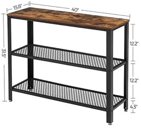 Konzolasztal 2 fém hálós polcccal, rusztikus barna 101x35x80cm
