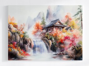 Vászonkép Canvas Tájkép Kelet Ázsia Japán Hegyek Vízesés Ház 80x60
