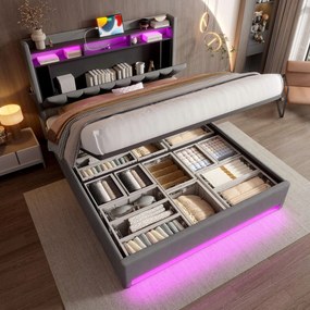 Kárpitozott ágy 140x200 cm Dupla ágy Led Usb C Hidraulikus szürke