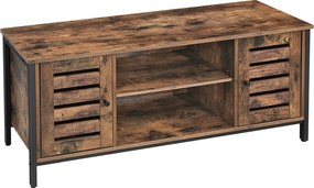 TV-szekrény lamellás ajtókkal, állítható polccal és tárolórekeszekkel, 110 x 40 x 50 cm, rusztikus barna/fekete