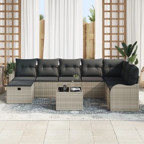 9 Darabos Kerti Sofa Készlet Párnákkal Világosszürke Poli Rattan, 2-Személyes Kerti Sofa Tárolóval és Párnákkal Világosszürke Poli Rattan