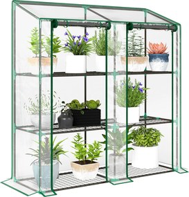 Outsunny 3-szintes Kültéri Üvegház Polcokkal, Lejtős Tetővel és 2 Cipzáros Ajtóval Növénytermesztéshez Teraszon 143x46x141/151 cm Átlátszó | Aosom