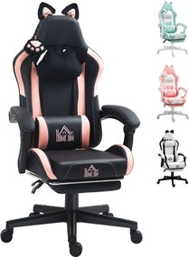 HOMCOM Macska Füllel Tervezett Gamer Szék - Összehúzható Lábpihenő, Állítható Magasság, Lumber Támogatás és Levehető Fejtámla | Aosom