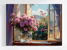 Poszter Ablak Kert Bokor Virágok Rózsa Csokor Váza 80x60