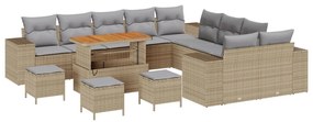 13 darabos kert kanapé szett párnákkal Bézs Poly Rattan Akác, 3 darabos kert étkező szett párnákkal Bézs Poly Rattan Akác