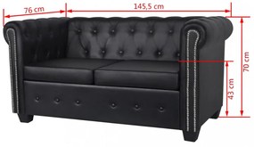 2 személyes fekete műbőr Chesterfield kanapé
