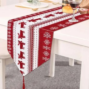Karácsonyi asztalterítő rénszarvas és hópehely mintás piros 34x180cm