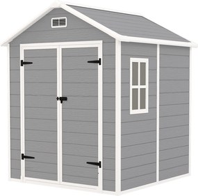 Outsunny 2.4 m²-es Eszköztároló Ház, Vízhatlan Kerti Ház Padlós, 182x151x219/181 cm, Zárható Ajtóval, Ablakkal, Műanyag Bicikli Garázs Kertbe, Szürke