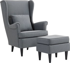 HOMCOM Szárnyas Fotel Puffal, Modern Karfás Fotel Lendületes Vászon Hatással, Deréktámasz Párnával, Pihentető Szék Kényelmes Karfával a Nappaliba Szür