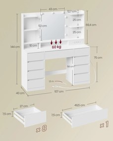 KAILYN LED Fésülködő asztal, tükörrel ellátott sminkasztal, 9 fiókkal, felhőfehér színben
