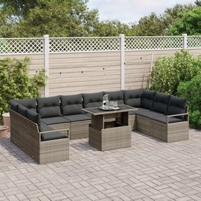 11 darabos Kerti Sofa Szett Párnákkal Szürke Poli Rattan, 2-Fős Kerti Sofa Tárolóval és Párnákkal Szürke Poli Rattan