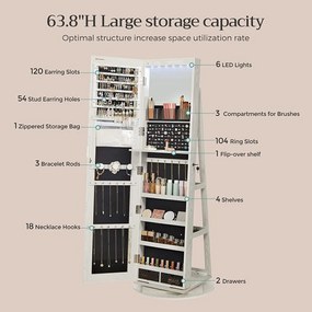 Szabadon álló tükrös ékszerszekrény, zárható, 6 led lámpával, 360°-ban elforgatható