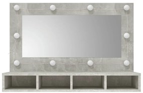 betonszürke tükrös szekrény LED-ekkel 90 x 31,5 x 62 cm
