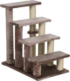 PawHut Macska Lépcső 4-Lépéses Kisállat Lépcső Karmolószlopokkal és Játékgolyóval Kutyákhoz - Macskák számára 5 kg-ig, Plüss Juta Barna 60 x 40 x 64 c