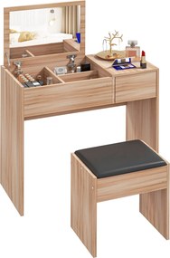 HOMCOM Sminkasztal Székkel – Sminkasztal Forgatható Tükörrel és Tárolódobozokkal 80x40x79 cm és 40x30x40 cm Természetes | Aosom